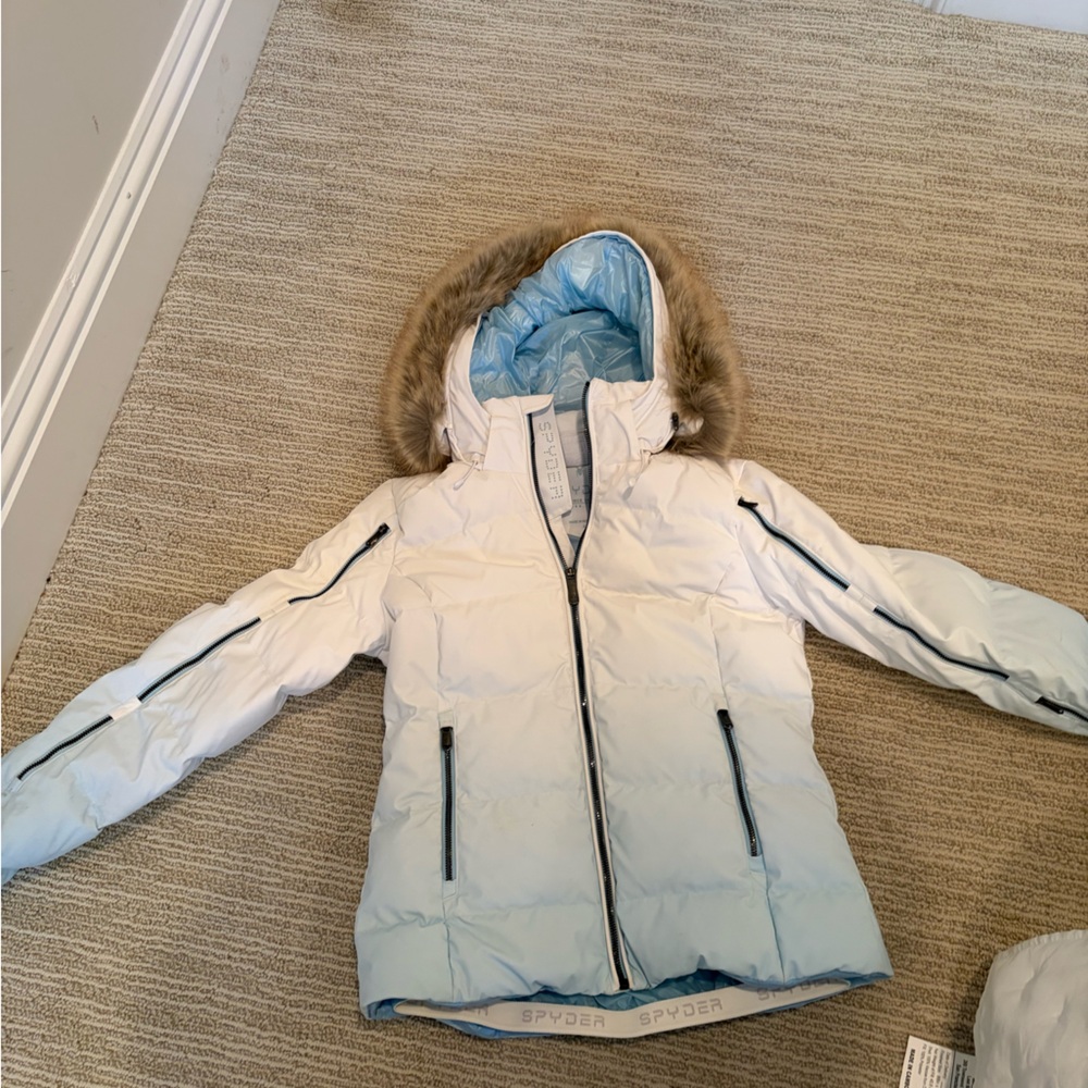 Spyder White and Light Blue Puffer Jacket with Fur Hood